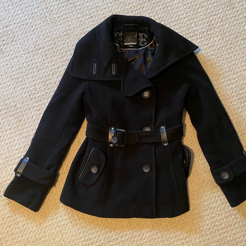 Mackage Black Belted Pea Coat with leather details